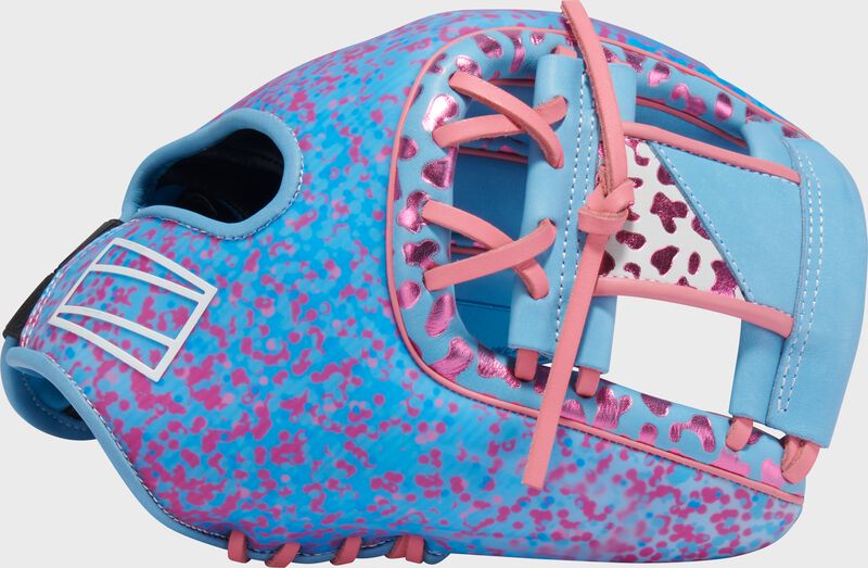 Thumb of a Columbia blue/pink Rawlings exclusive REV1X 11.75" infield glove with a Columbia blue I-web loading=