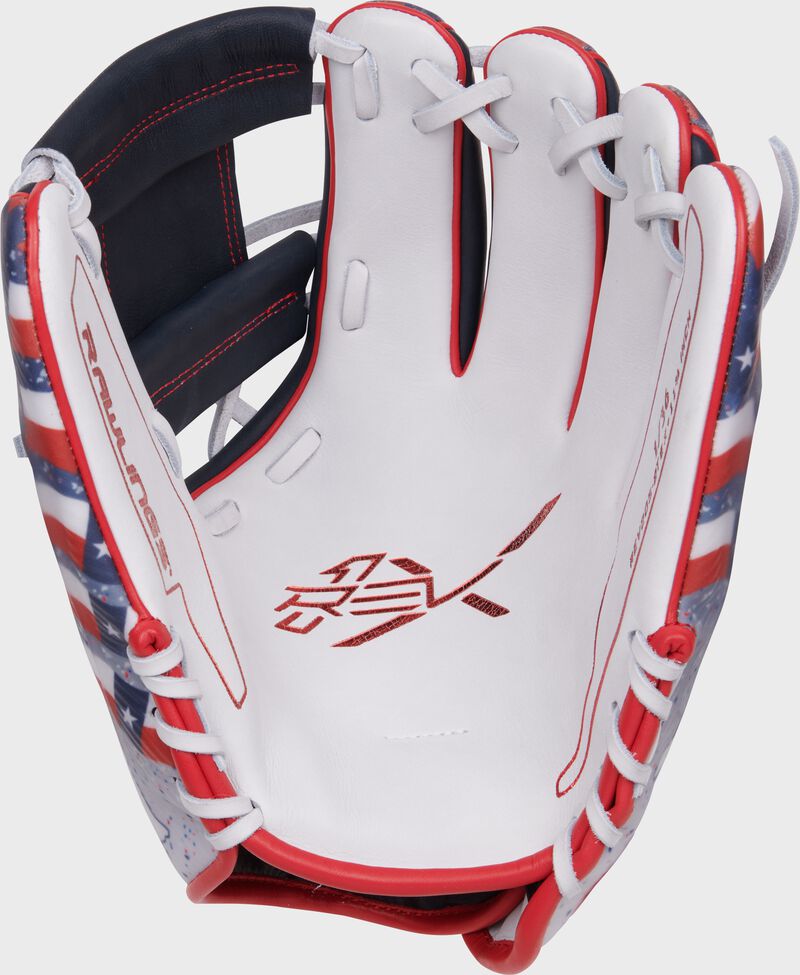 White palm of a Rawlings REV1X infield glove with scarlet stamping and white laces loading=