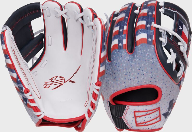 Two images showing the palm & back of a Rawlings 2024 Texas All-Star Game REV1X glove loading=
