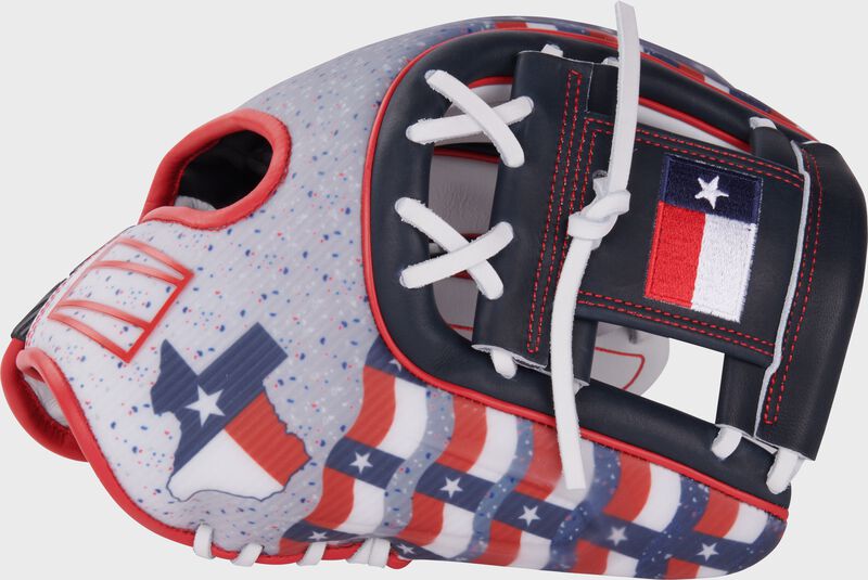 Thumb of a Rawlings 2024 Texas All-Star Game REV1X glove with a navy I-web loading=