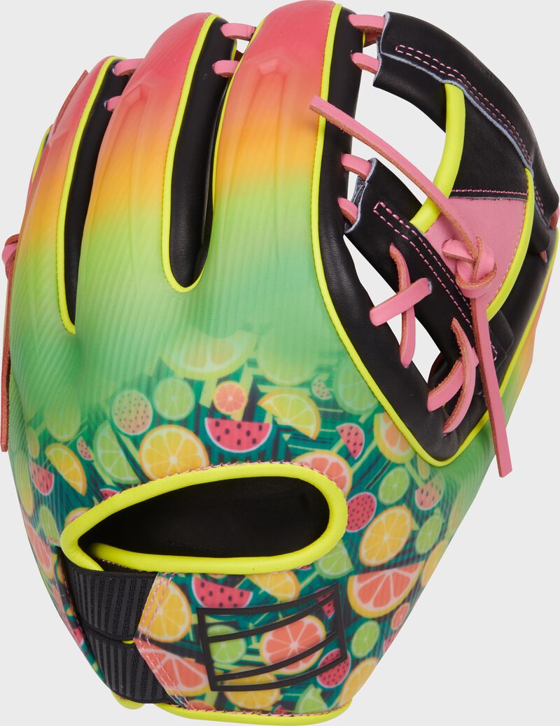 Bright color back of a REV1X Summer Fresh I-web infield glove loading=