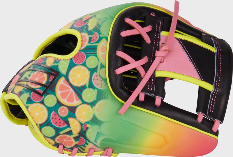 Summer fruit themed design thumb of a REV1X 11.75" Summer Fresh infield glove with a pink/black I-web loading=