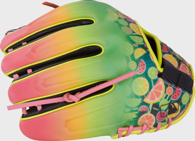 Pink/yellow/green back of a REV1X Summer Fresh infield glove loading=