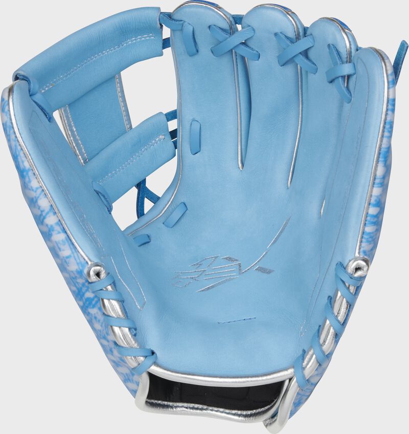 Columbia Blue palm of a Rawlings REV1X infield glove with Columbia blue laces and silver tamping - SKU: REV205-2XCB loading=
