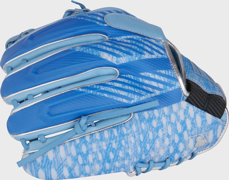 Back of a Columbia blue/Royal REV1X 11.5" infield glove with the MLB logo on the pinky - SKU: REV205-2XCB loading=