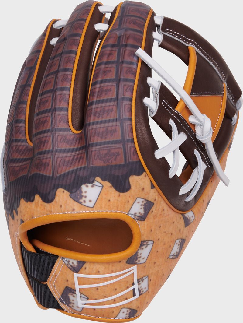 S'mores design back of a REV1X S'mores infield glove loading=