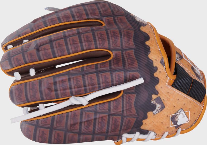 Brown S'mores print back of a REV1X 11.75" S'mores infield glove with the MLB logo on the pinky loading=