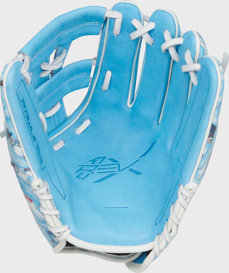 Columbia blue leather palm of a Rawlings REV1X snowman infield glove with white laces - SKU: REV205-32CBW loading=