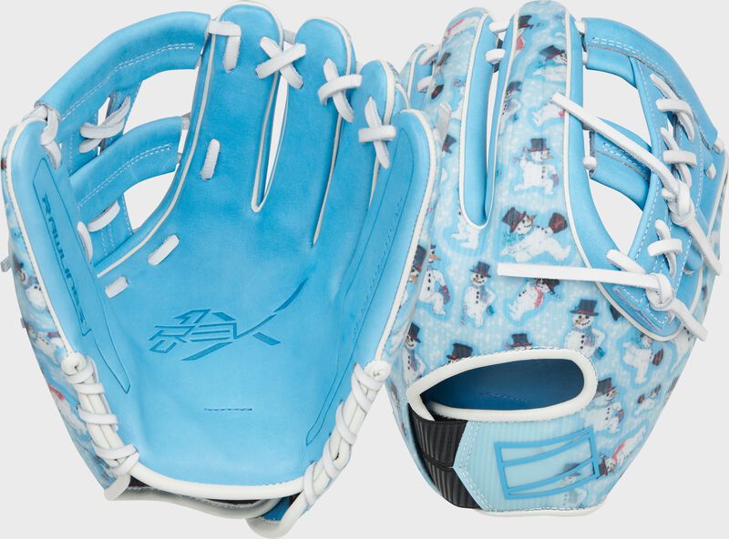 2 images showing the back & palm of a Rawlings exclusive Snowman REV1X infield glove - SKU: REV205-32CBW loading=