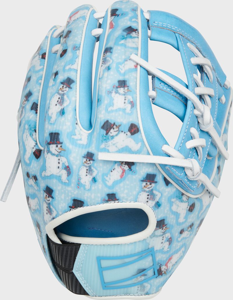 Snowman sublimated design back of a Rawlings exclusive snowman REV1X infield glove - SKU: REV205-32CBW loading=