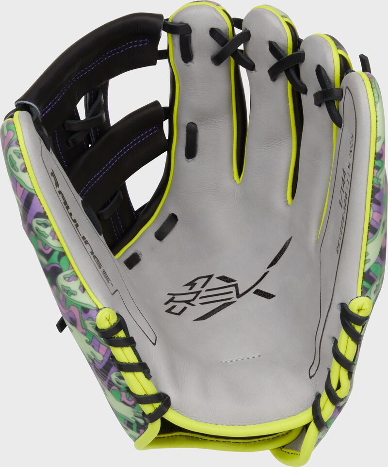 Gray palm of a Rawlings REV1X Halloween edition glove with black laces loading=