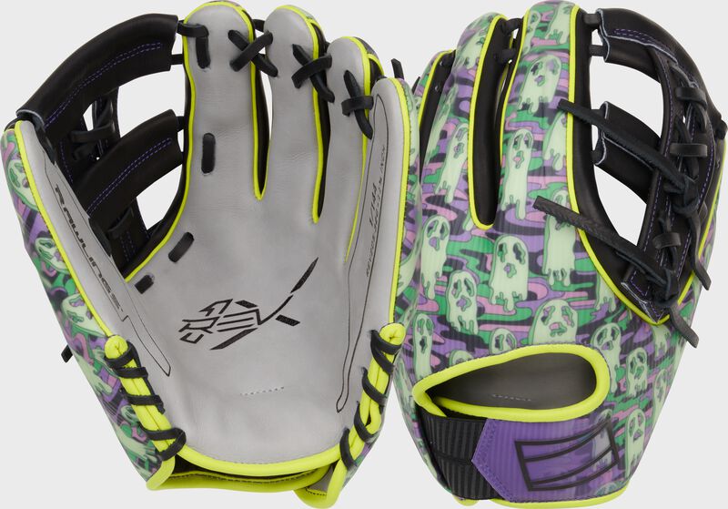 Two images showing the palm & back of a limited edition REV1X Halloween infield glove loading=