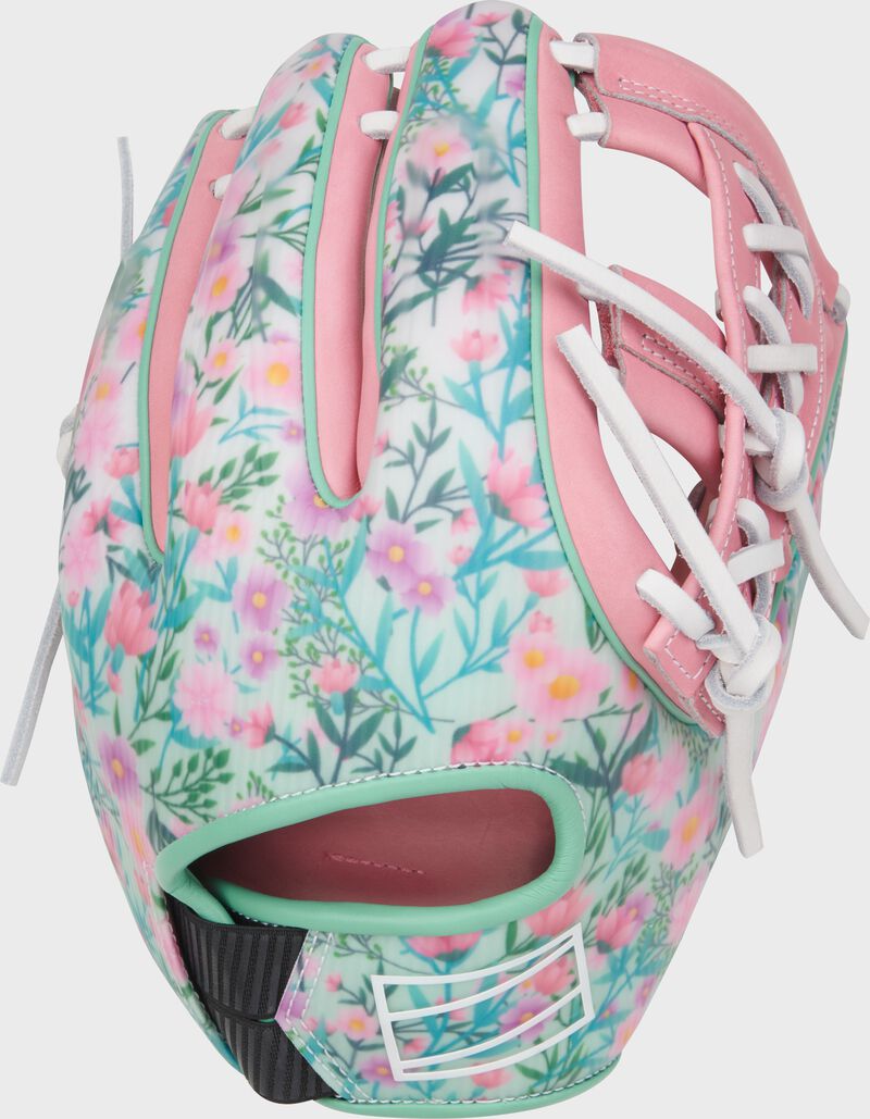 Floral back of a Rawlings Mother's Day REV1X glove loading=