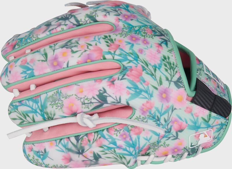 Floral back of a Rawlings Mother's Day REV1X glove loading=