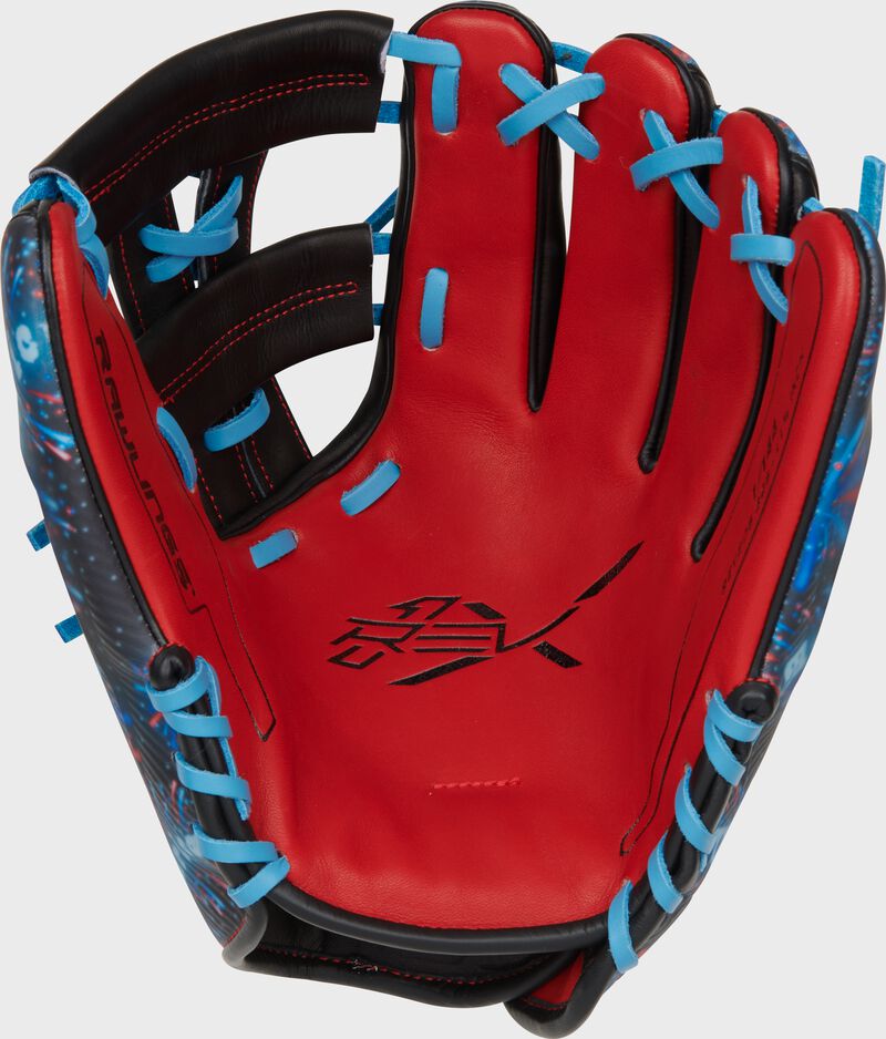 Scarlet palm of a Rawlings REV1X 4th of July glove with Columbia blue laces and royal stamping loading=