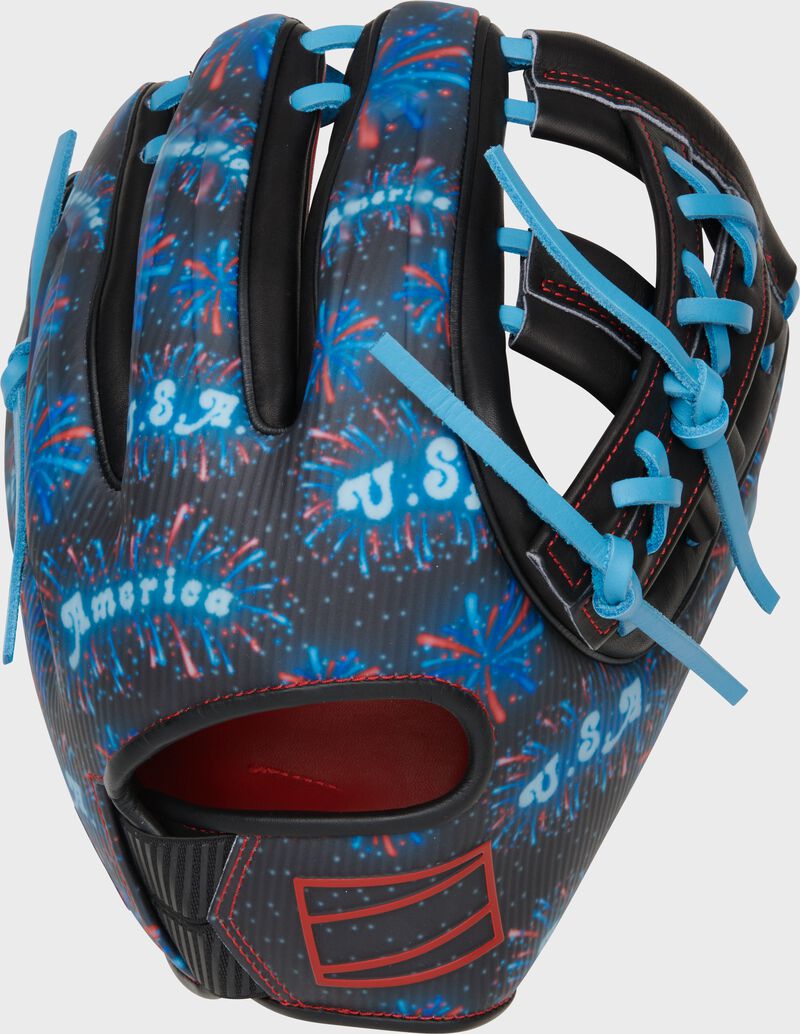 Firework design back of a REV1X 4th of July infield glove loading=