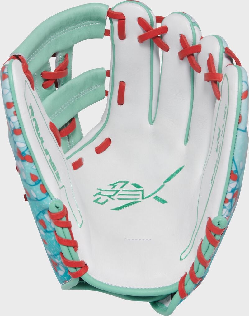White palm of a Rawlings REV1X 11.75" Holiday Lights infield glove with mint stamping loading=