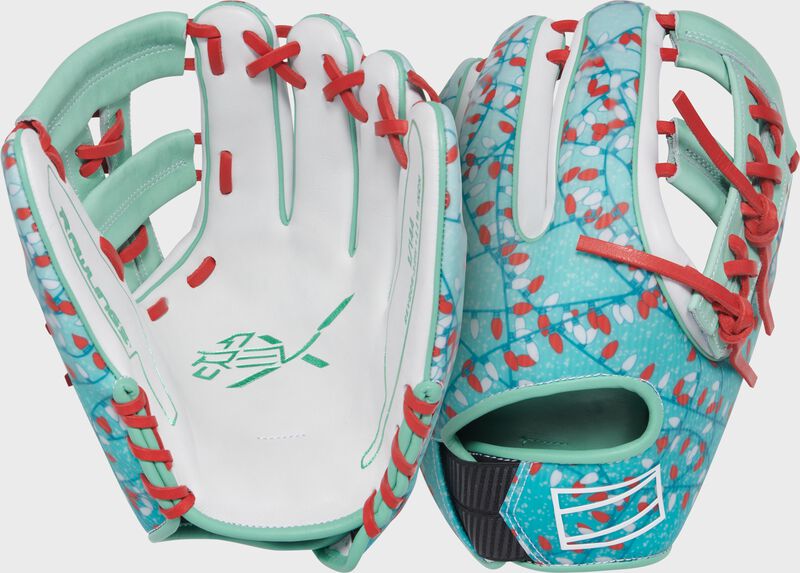 Two images showing the palm & back of a Rawlings exclusive REV1X 11.75" Holiday Lights infield glove loading=