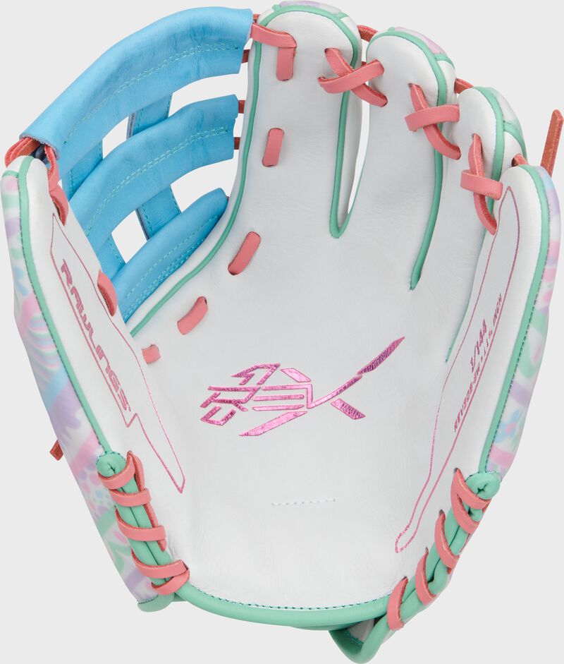 White leather palm of a Rawlings REV1X infield glove with pink palm stamping and pink laces - SKU: REV205-6W loading=