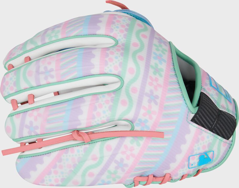 An Easter egg print back of a REV1X 11.75" infield glove with the MLB logo on the pinky - SKU: REV205-6W loading=