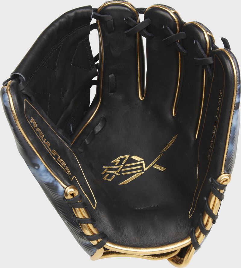 Black palm of a Rawlings REV1X infield/pitcher's glove with black laces and gold stamping - SKU: REV205-9XB loading=