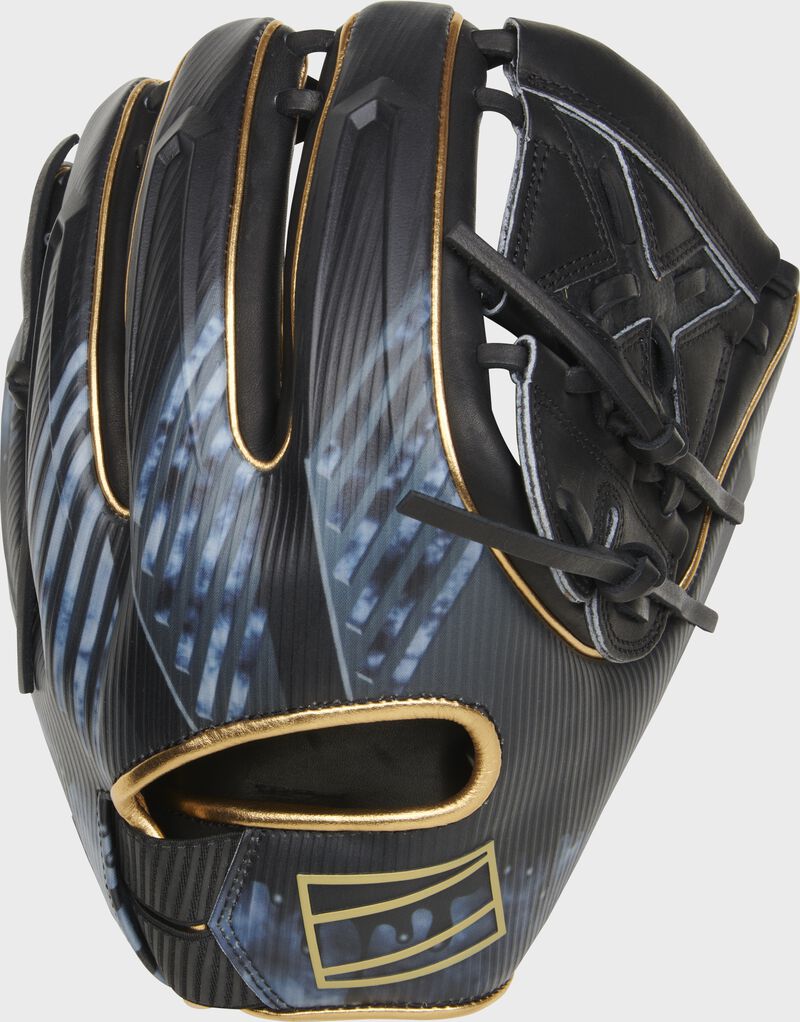 Back of a black REV1X 11.75" infield/pitcher's glove with a stylish graphic printed on the back - SKU: REV205-9XB loading=