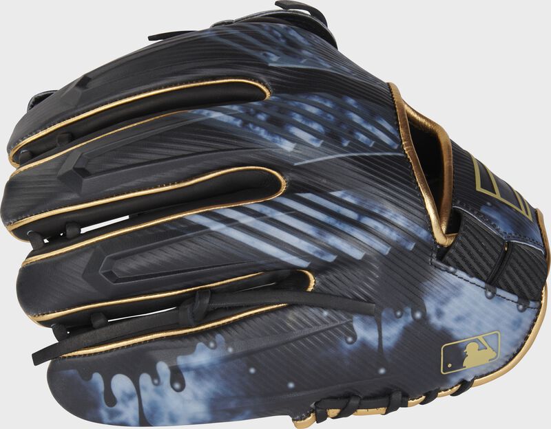 Stylized back of a REV1X 11.75" infield/pitcher's glove with the MLB logo on the pinky - SKU: REV205-9XB loading=