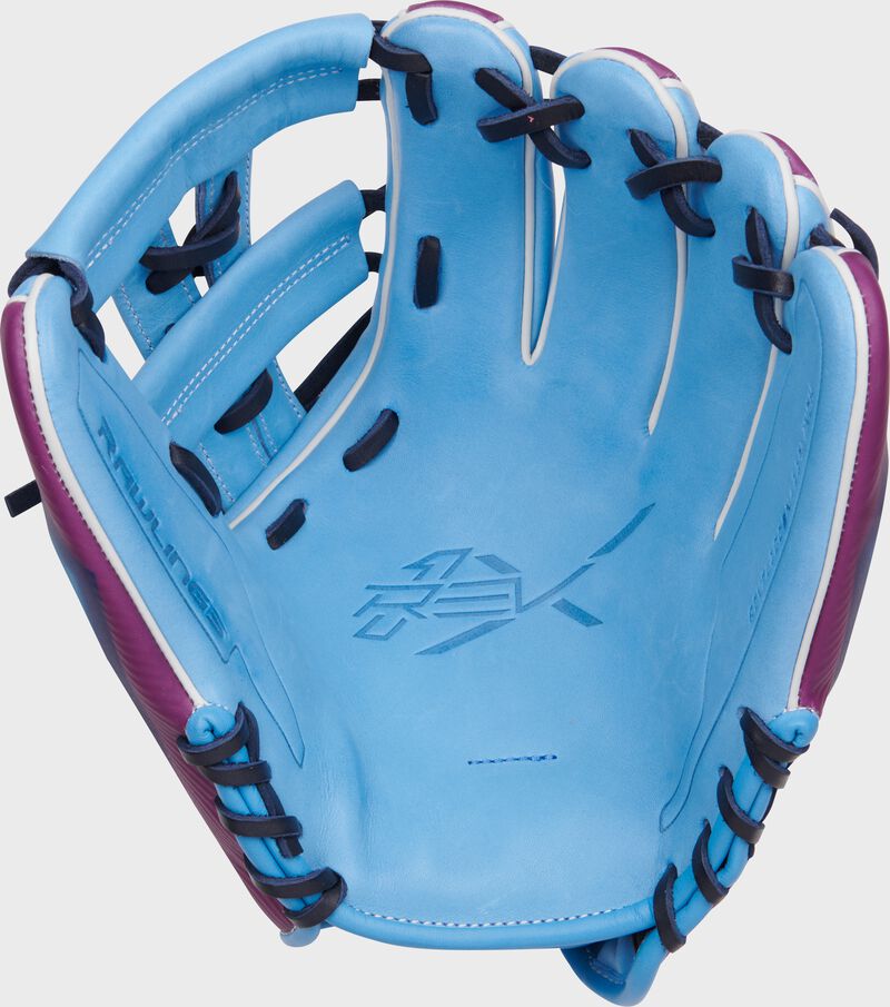 Columbia blue palm of a Rawlings Francisco Lindor REV1X glove with navy laces loading=