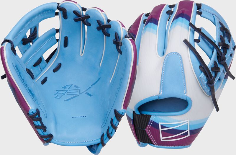 Two images showing the palm & back of a white/Columbia blue/navy Rawlings REV1X Francisco Lindor Infield glove loading=