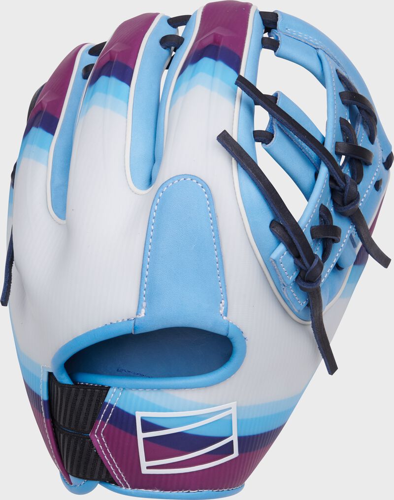 White/Columbia blue design back of a Rawlings Francisco Lindor REV1X infield glove loading=