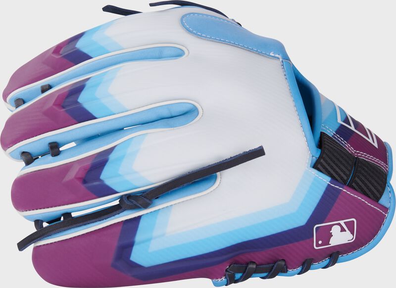 White/Columbia blue design REV1X back of a Rawlings REV1X infield glove with the MLB logo on the pinky loading=