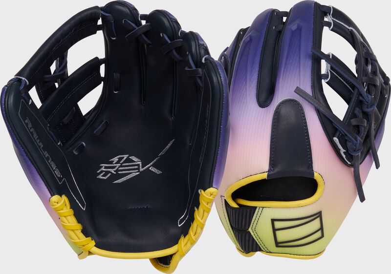 Two images showing the palm & back of a navy/pink/gold Rawlings REV1X Francisco Lindor Infield glove loading=