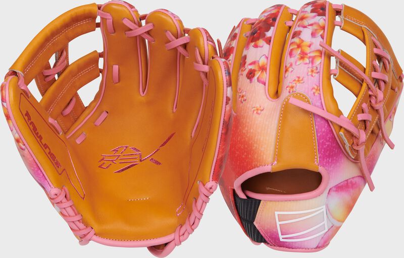 Two images showing the palm & back of a tan/pink Rawlings REV1X Francisco Lindor Infield glove loading=