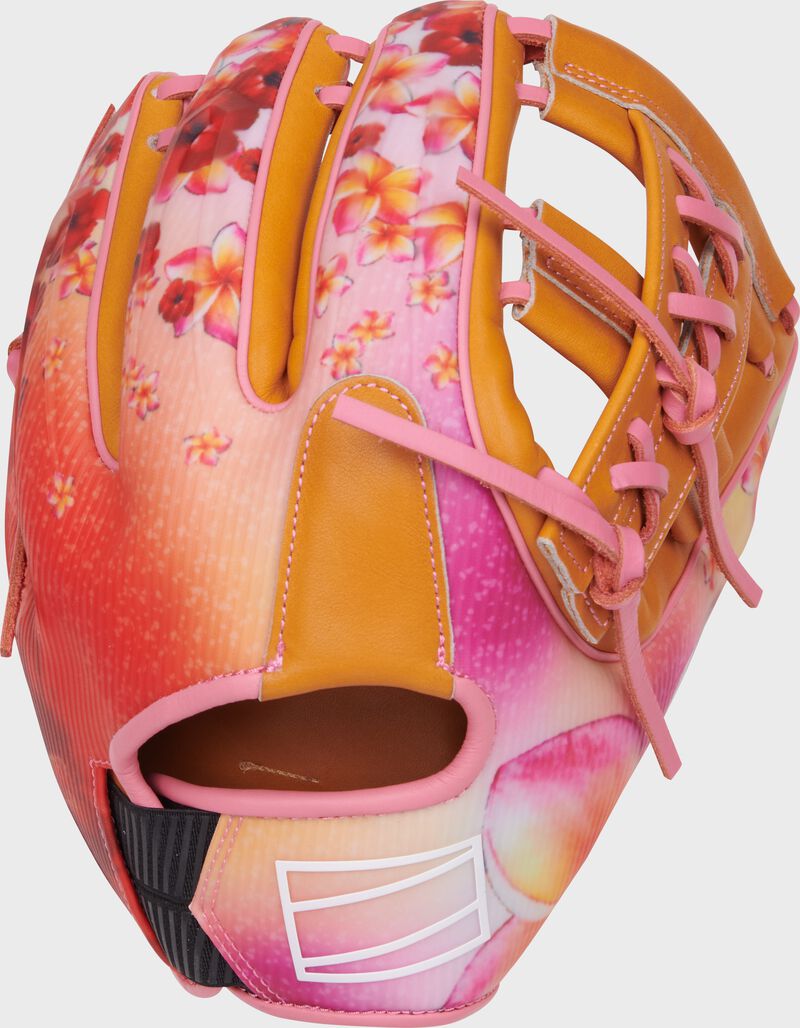 Pink floral design back of a Rawlings Francisco Lindor REV1X infield glove loading=