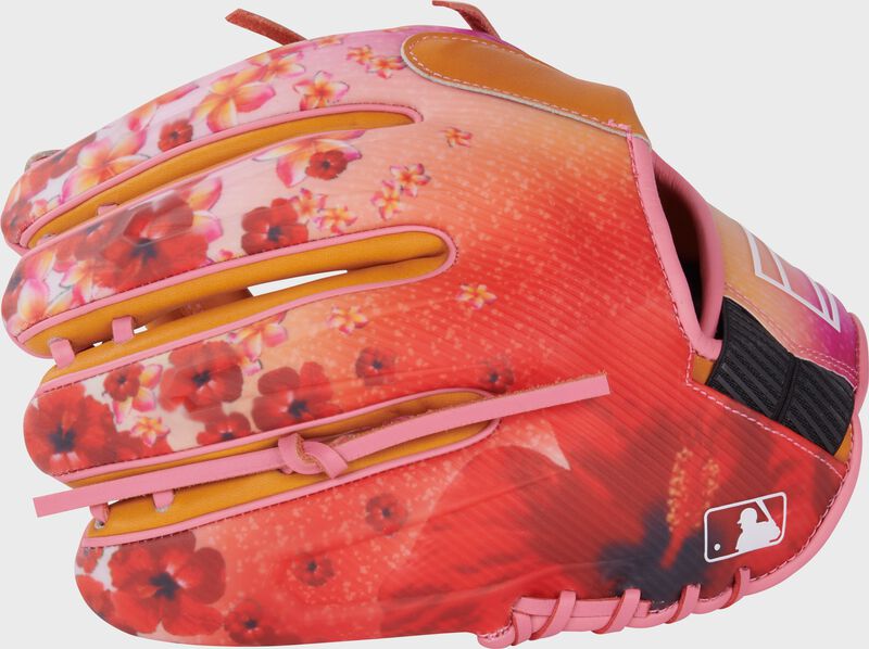 Pink floral design REV1X back of a Rawlings REV1X infield glove with the MLB logo on the pinky loading=