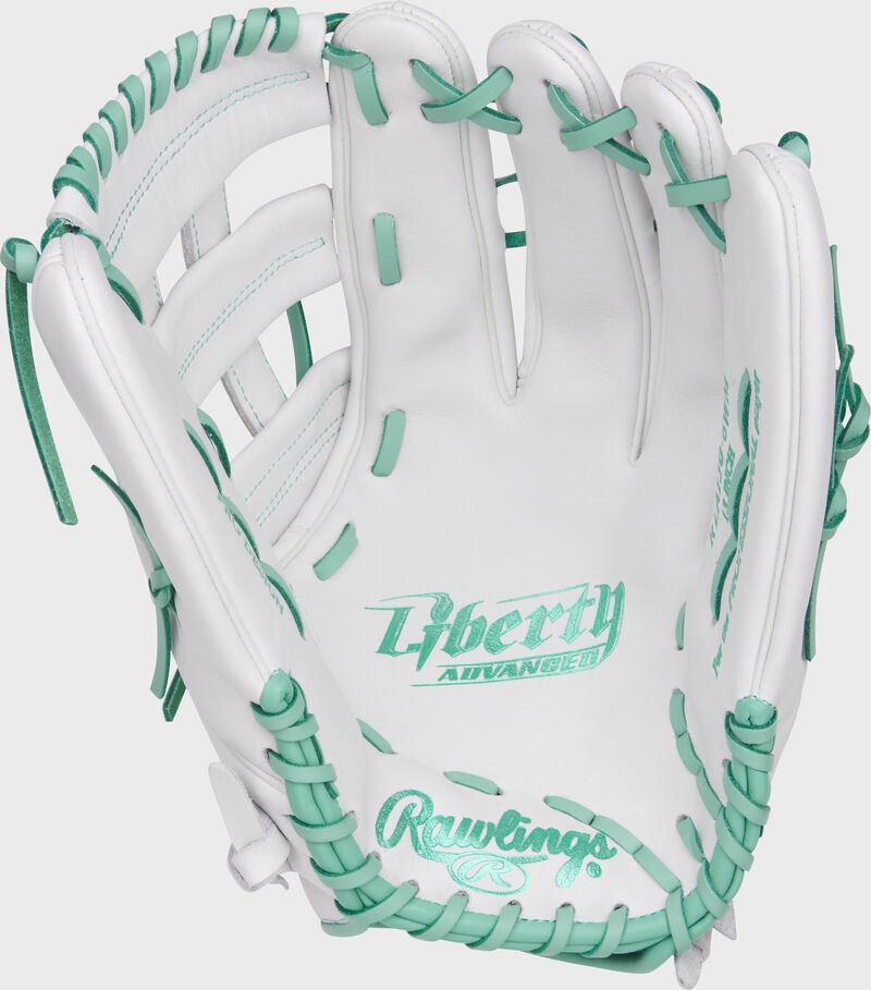 White palm of a Rawlings Liberty Advacned fastpitch glove with mint stamping and mint laces loading=