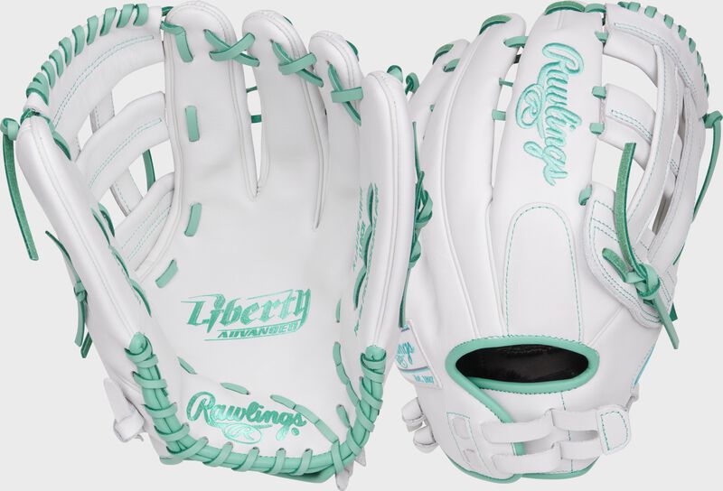 Two images of a white/mint Rawlings Liberty Advanced 13-Inch fastpitch outfield glove loading=