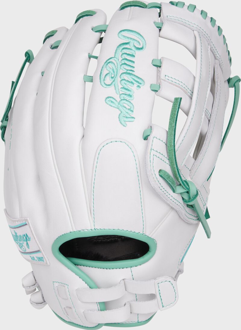 Back of a white 13" Liberty Advanced H-Web outfield glove with a pull strap back loading=