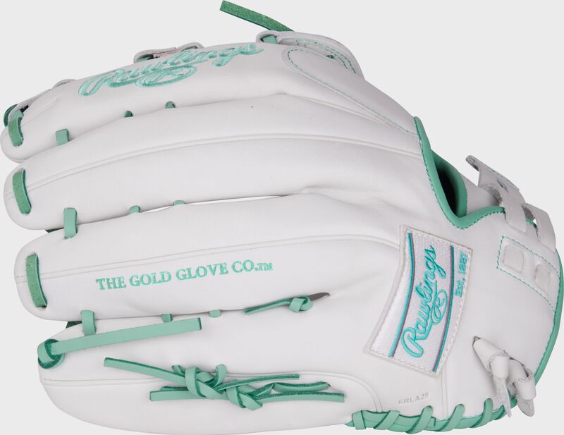 White back of a Liberty Advanced 13" fastpitch glove with a white/mint Rawlings patch loading=