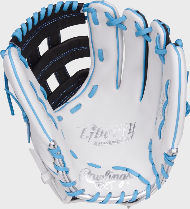 White palm of a Rawlings Liberty Advanced fastpitch glove with Columbia blue laces loading=