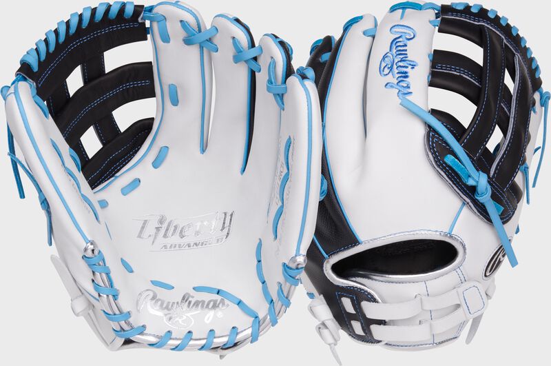 Two images showing the palm & back of a white/black Rawlings Liberty Advanced 12.25" Speed Shell utility fastpitch glove loading=