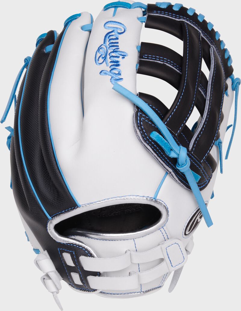 White/black back of a Liberty Advanced 12.25" Speed Shell fastpitch glove with a pull strap back loading=