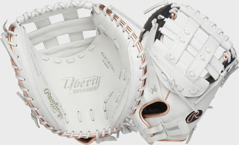Two images showing the palm & back of a white Liberty Advanced 33" catcher's mitt loading=