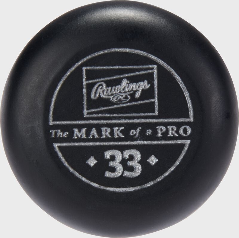 Black knob of a Rawlings Pro Preferred JT39 torpedo barrel birch wood bat loading=