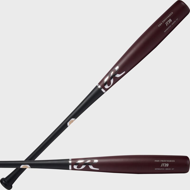 Two images showing a black/maroon Pro Preferred JT39 torpedo barrel birch wood bat loading=