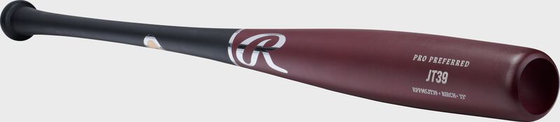 Angled view of a black/maroon Pro Preferred JT39 torpedo barrel birch wood bat loading=
