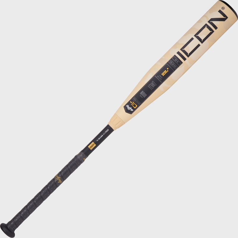 A tan/black 2025 Rawlings Icon -10 USA Baseball bat with the Icon logo on the barrel loading=