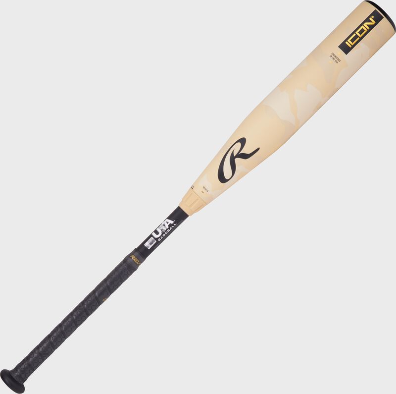 A tan/black Rawlings Icon USA Baseball -10 bat with a "R" logo above the handle loading=