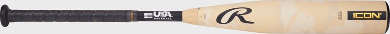 Side image of a Icon USA Baseball bat with the black handle on the left and tan barrel on the right loading=