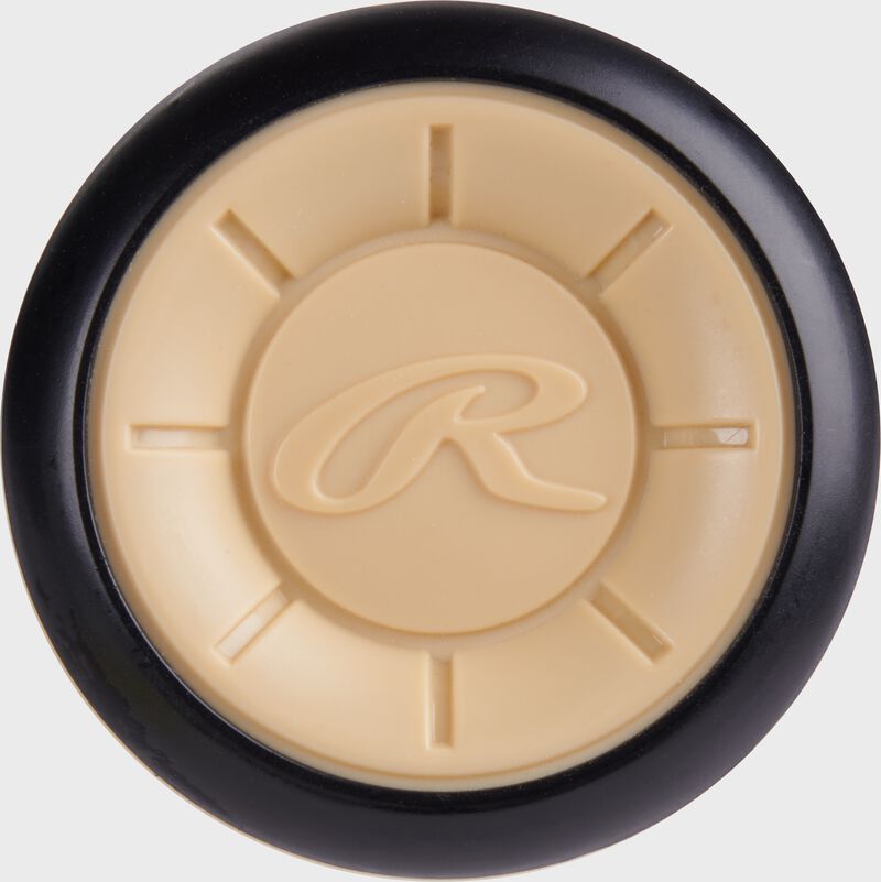 Tan end cap of a Rawlings Icon USA Baseball -10 bat with a "R" logo in the middle loading=